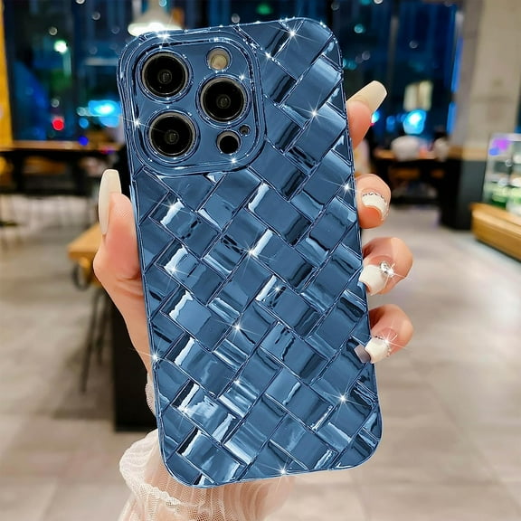 Compatible with iPhone 15 Pro Max 6.7 Inch, Fashion 3D Woven Pattern Plating Phone Case, Grid Printed case for Women Girls Soft Silicone Shockproof Camera Protective Back Cover-Light Blue