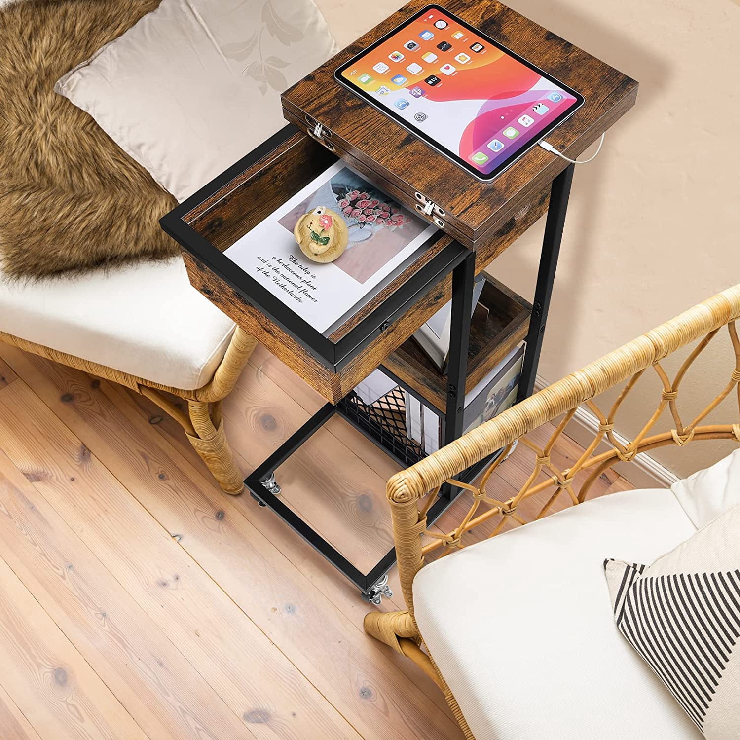 Oumilen Western Home C Shaped Small End Table with Storage Basket Rolling Casters in Rustic Burnt Wood, Build-In Fast Charging Station with USB Ports