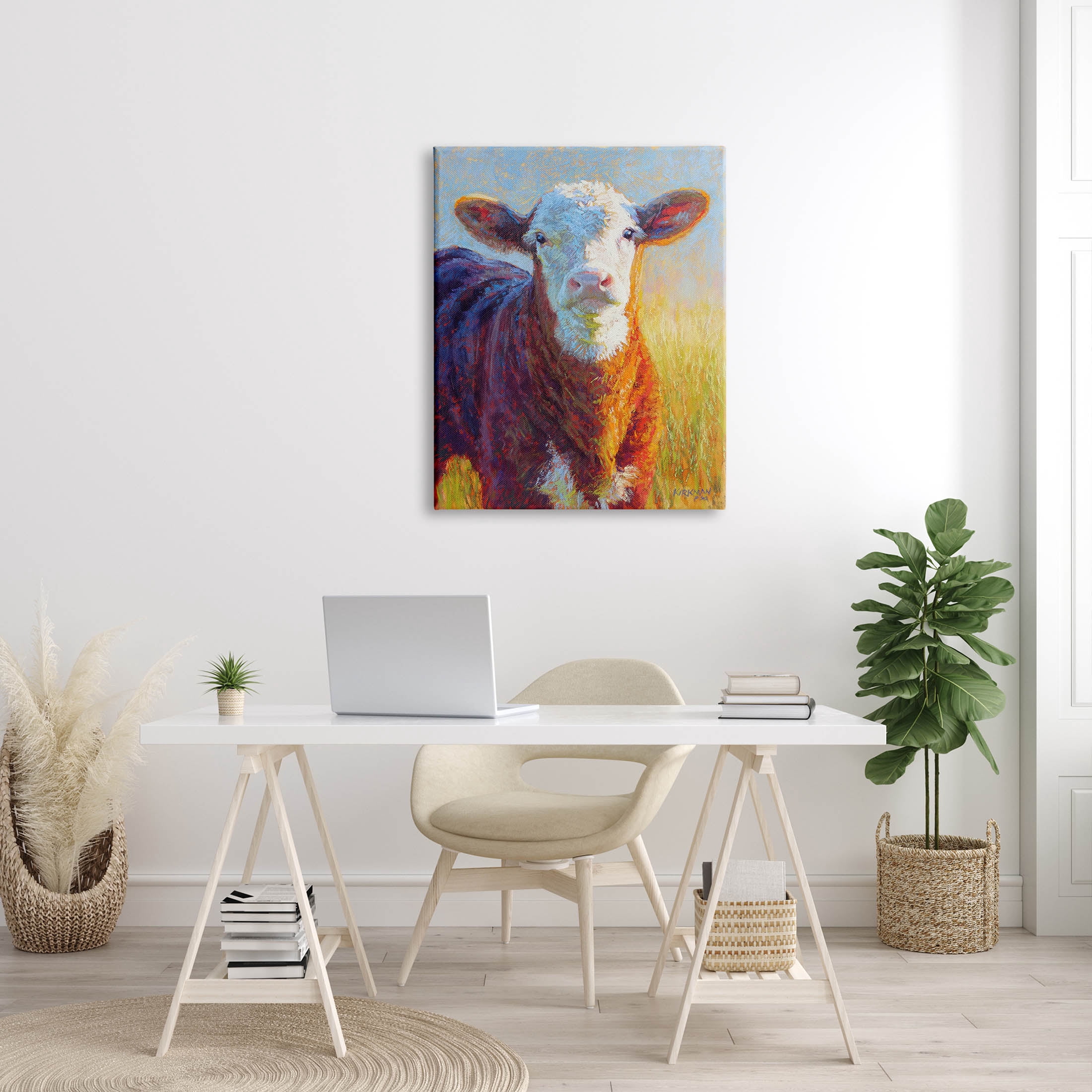 Happy Cow Farmhouse Grassland Animals & Insects Painting Gallery Wrapped Canvas Print Wall Art