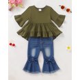 thumbnail image 3 of Yaoqi 6 Months Newborn Baby Girl Outfit Set 12 Months Winter Clothes Ruffle Short Sleeves Pullover Top Bowknot Flared Denim Pants 2pcs Clothing Green, 3 of 7
