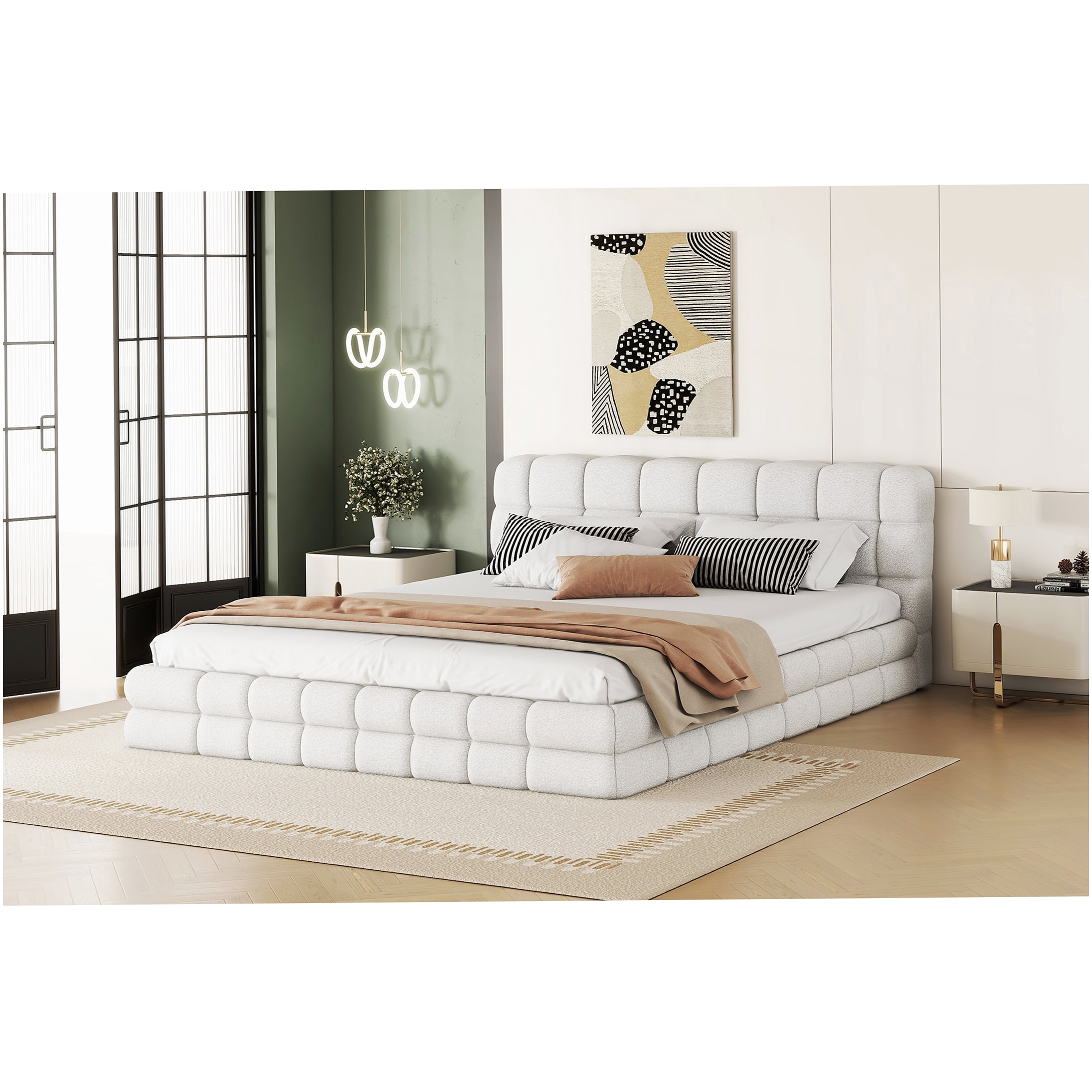Queen Upholstered Bed Frame with Headboard, Modern Platform Bed with Wood Slat Support, No Box Spring Needed, White