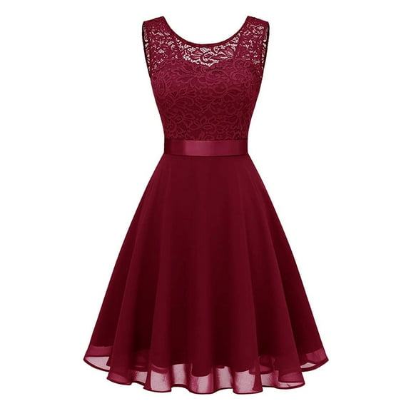 ClodeEU Women Vintage Princess Floral Lace Cocktail O-Neck Party Bridesmaid Dress Red 4(S)