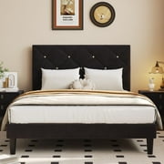 UHOMEPRO Black Platform Bed Frame, Twin Bed Frame with Velvet Upholstered Headboard, No Box Spring Needed, Easy Assembly