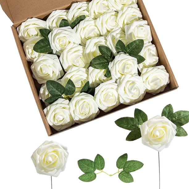 Nvzi 50 rosas artificiales, rosas falsas beige para decoración, rosas de espuma de aspecto real a granel con tallo,arreglos florales para despedida de soltera,decoración del hogar