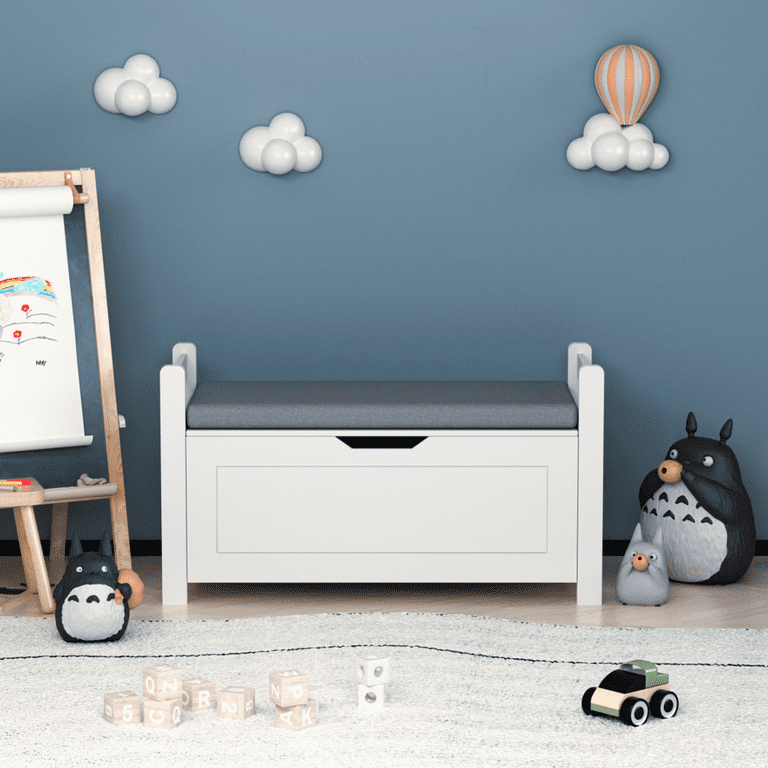 GZXS Wooden Toy Box with Cushion, White Kids Toy Chest with