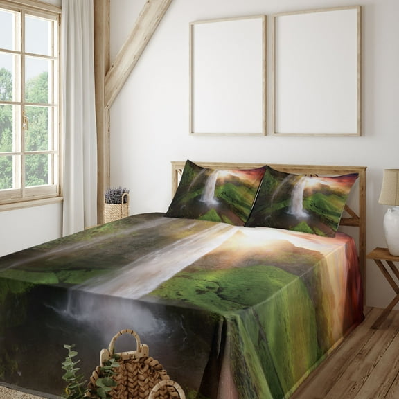 Ambesonne Waterfall Fitted & Top Sheet Set with Shams, Sunset Sky in Iceland, Multicolor