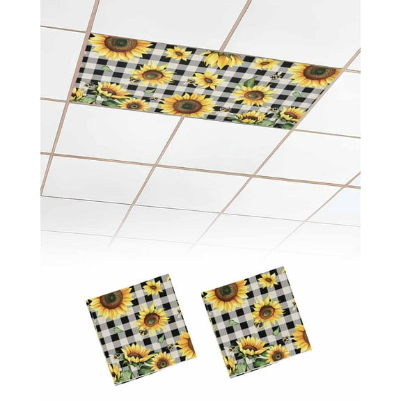 Summer Sunflowers Fluorescent Light Covers for Ceiling Lights 4x2 feet,2 Pack Magnetic Light Filters for Classroom,Pastoral Black Plaid Farmhouse Fluorescent Light Shade Panel for Office School Drop