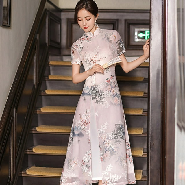 Robe Élégante de Style Chinois Traditionnel en Mousseline Brodée à Col Montant
