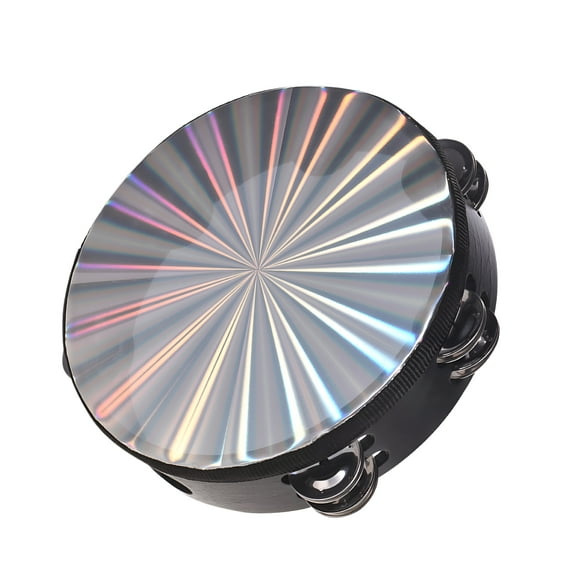 ACDANC 8 Inch Wooden Radiant Tambourine Handbell Hand Drum with Double Row Jingles Reflective Drum Head Musical Percussion Instrument