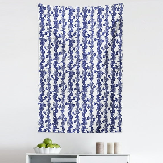Luau Tapestry, Vertical Branches of Hibiscus Plant Leaves and Blossoms Hawaii Floral Nature, Fabric Wall Hanging Decor for Bedroom Living Room Dorm, 5 Sizes, Night Blue and White, by Ambesonne