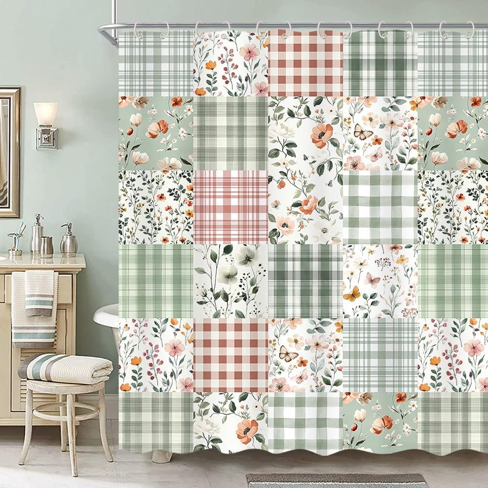 Cute Plaid Floral Shower Curtain, Boho Sage Green Flower Fabric Shower Curtains for Bathroom, Retro Pink Flower Checkered Patchwork Bath Curtain Set Washable Waterproof with 12Hooks 72X72IN