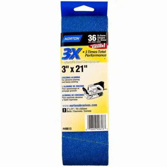 NORTON 02228 Sanding Belt, 3 in W, 21 in L, 36 Grit, Extra Coarse, Zirconia Aluminum Abrasive