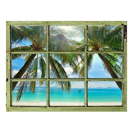 Tropical Wall Decor - Window View Wall Mural - Palm Tree and Calm Tropical Sea - Vintage Style Wall Decor - Peel and Stick Adhesive Vinyl Material - 36x48 inches
