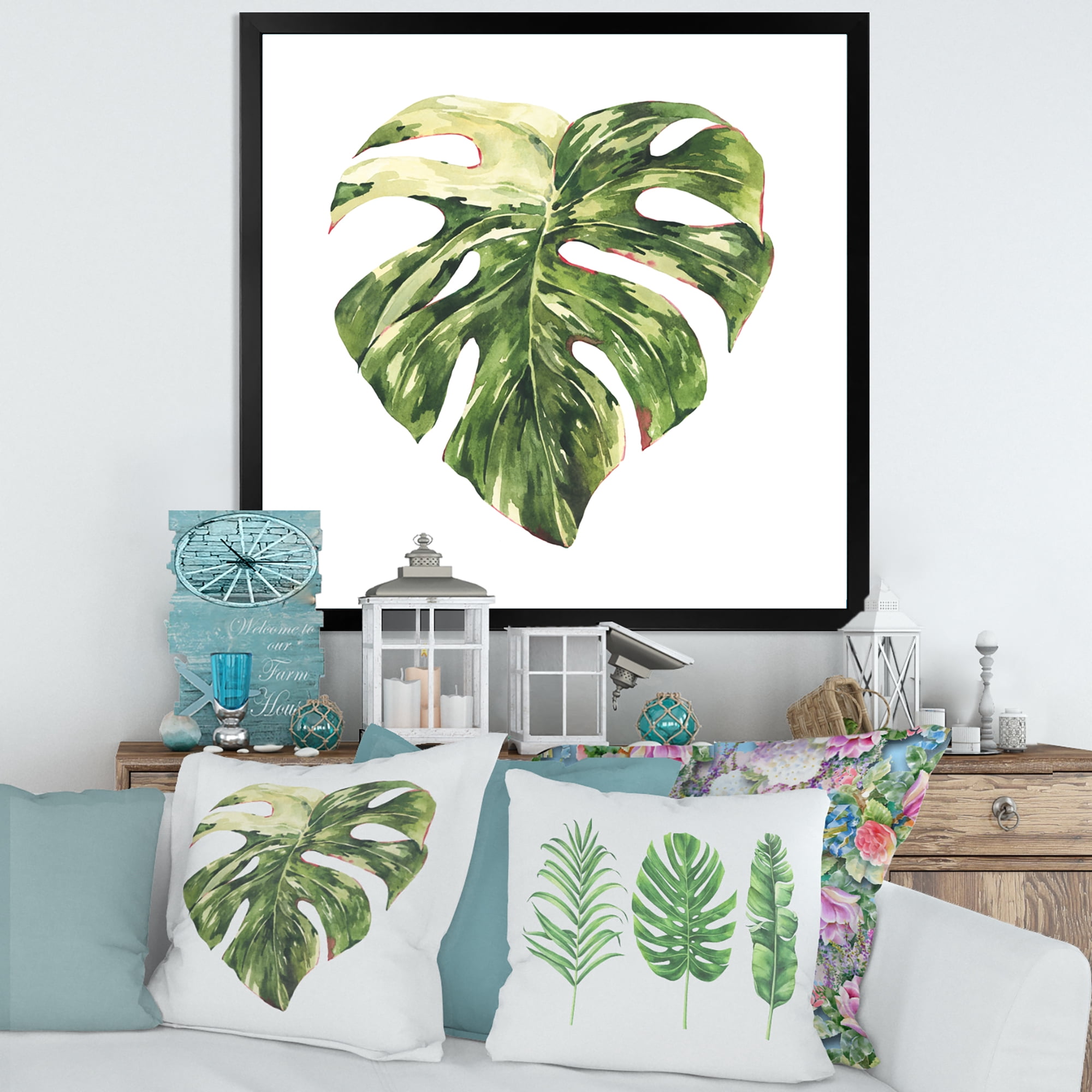 Designart 'Tropical Green Leaves On White In Summer Times III' Tropical Framed Art Print