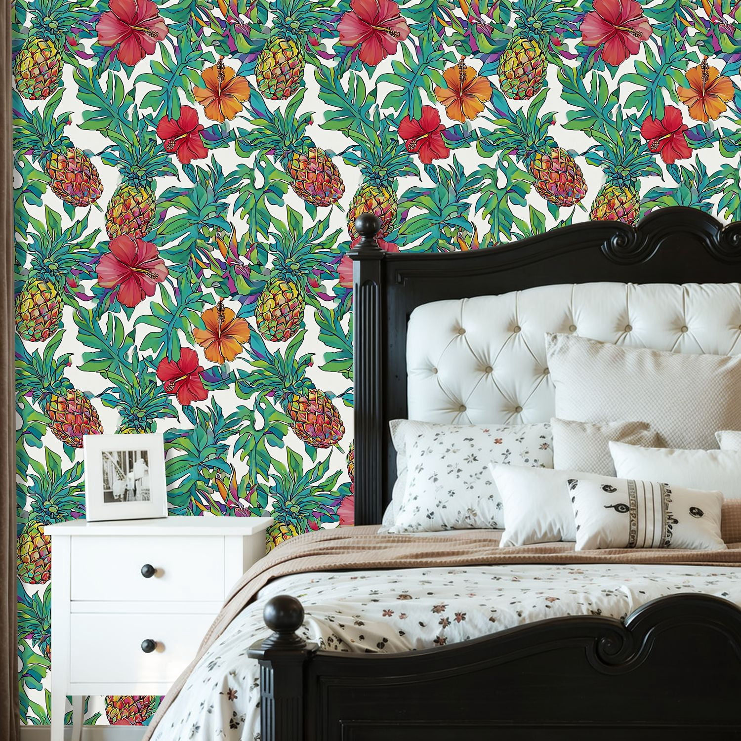 Peel and Stick Wallpaper Colorful Tropical Pineapple Hibiscus Floral Wall Mural 23.6in x 9.8ft Self Adhesive Removable Wall Paper Renter Friendly Wallpaper for Nursery Bedroom Cabinets