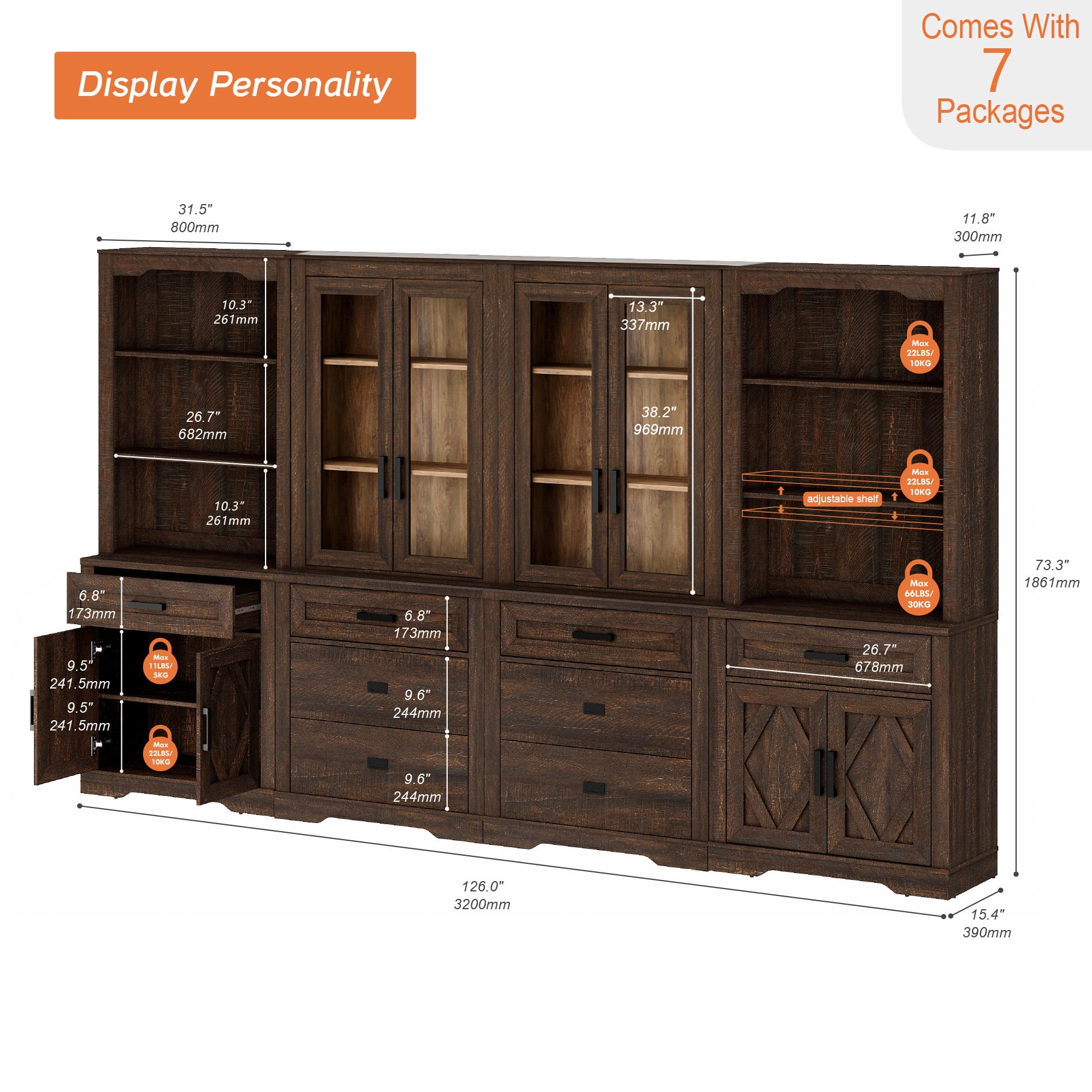 WAMPAT 4 Column 5 Tier Bookcase with Drawer,73.3" Tall Floor Standing Bookshelf,Modern Farmhouse Display Storage Cabinet with Adjustable Shelves for Living Room,Espresso Brown