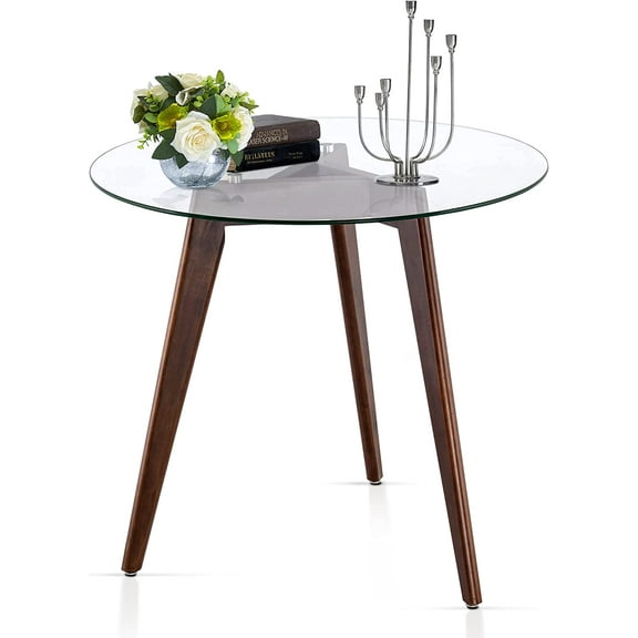 IVINTA Round Glass Dining Table 31.5" Circle Kitchen Table for 4, Tempered Glass Top Wood Legs Dark Brown RD80