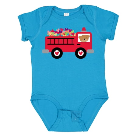 Inktastic Valentine Fire Truck Heart Bear Boys or Girls Baby Bodysuit