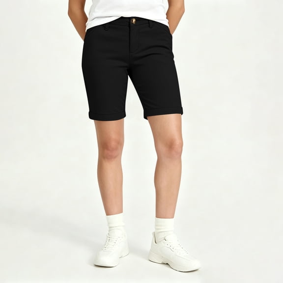 Josdec Women's Elastic Back Waist Stretch Bermuda Shorts Slim Knee‑Length Chino Workwear Shorts with Pockets for Hiking and Daily Casual Wear