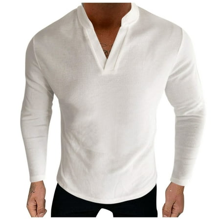 

koaiezne Mens Fashion Casual Collar Solid Colour Long Sleeve T Shirt Top Blouse Long Scrub Tee with Stripes