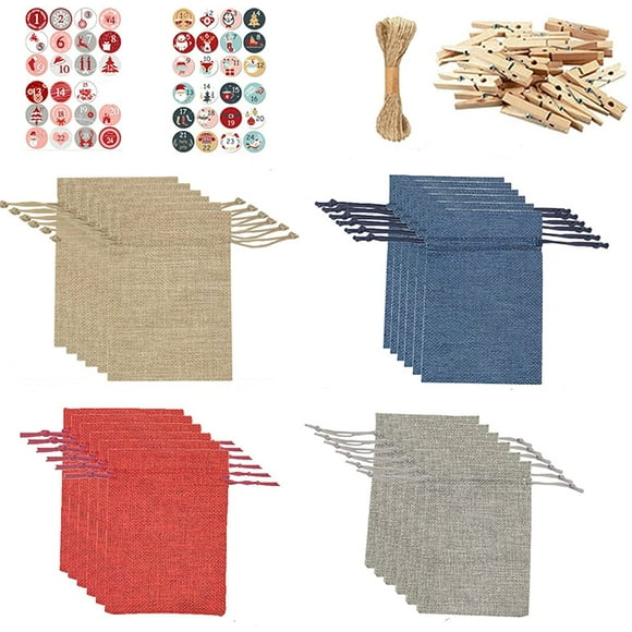 DIY Advent Calendar ,Jute Bag Advent Calendar Bags ,24 PC Christmas Calendar Craft Set Fabric Bag with 1-24 Advent Numbers Stickers (A)