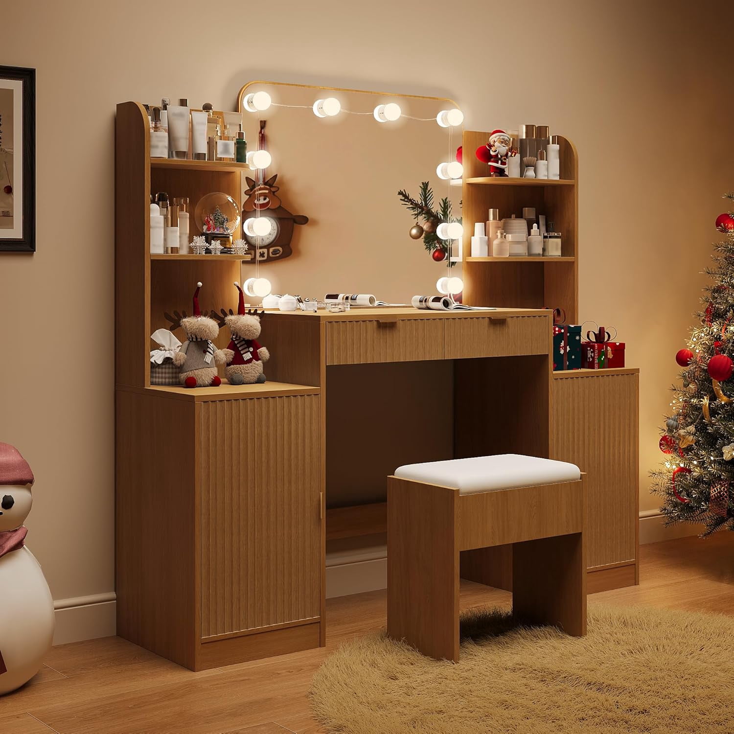 53" Makeup Vanity Set with Mirror and Lights, NEORIVER Big Brown Makeup Vanity Desk with Chair and Power Outlet, 3 Color Lighting Modes & Adjustable Brightness for Bedroom