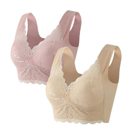 2PC Women Wireless Bras Comfort Back Support Floral Lace Bra Adjustable Wider Straps Full Coverage Lift Up Minimizer Bras Pink 1 38C