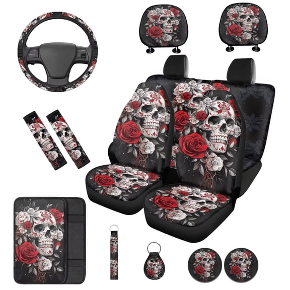 Binienty Red Rose Skull Car Seat Covers Front And Rear with Coasters Keychain Armrest Pad Seat Belt Pads Headrest Covers 14 Pieces Vehicle Interior Accessories Set