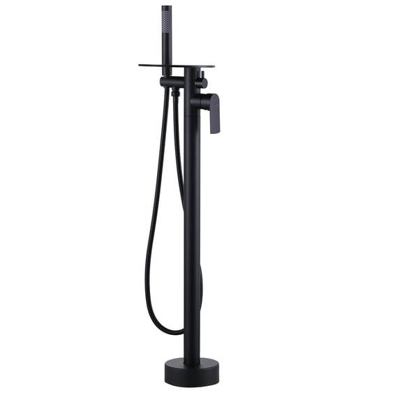 Wowow Single-Handle Floor Mount Freestanding Tub Faucet with Hand Shower and Waterfall Spout in Matte Black
