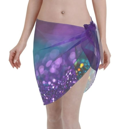 Adobk Women Beach Sarong Bathing Suit Purple And Green Glitter Print Wrap Skirt Sheer Bikini Swimsuit Cover Ups For Swimwear