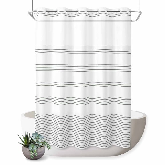 No Hook Shower Curtain, Black Stripes Shower Curtains for Bathroom with See Through Top Window, Farmhouse Striped Modern Art Waterproof & Washable Bath Curtain Extra Long 72"x84"
