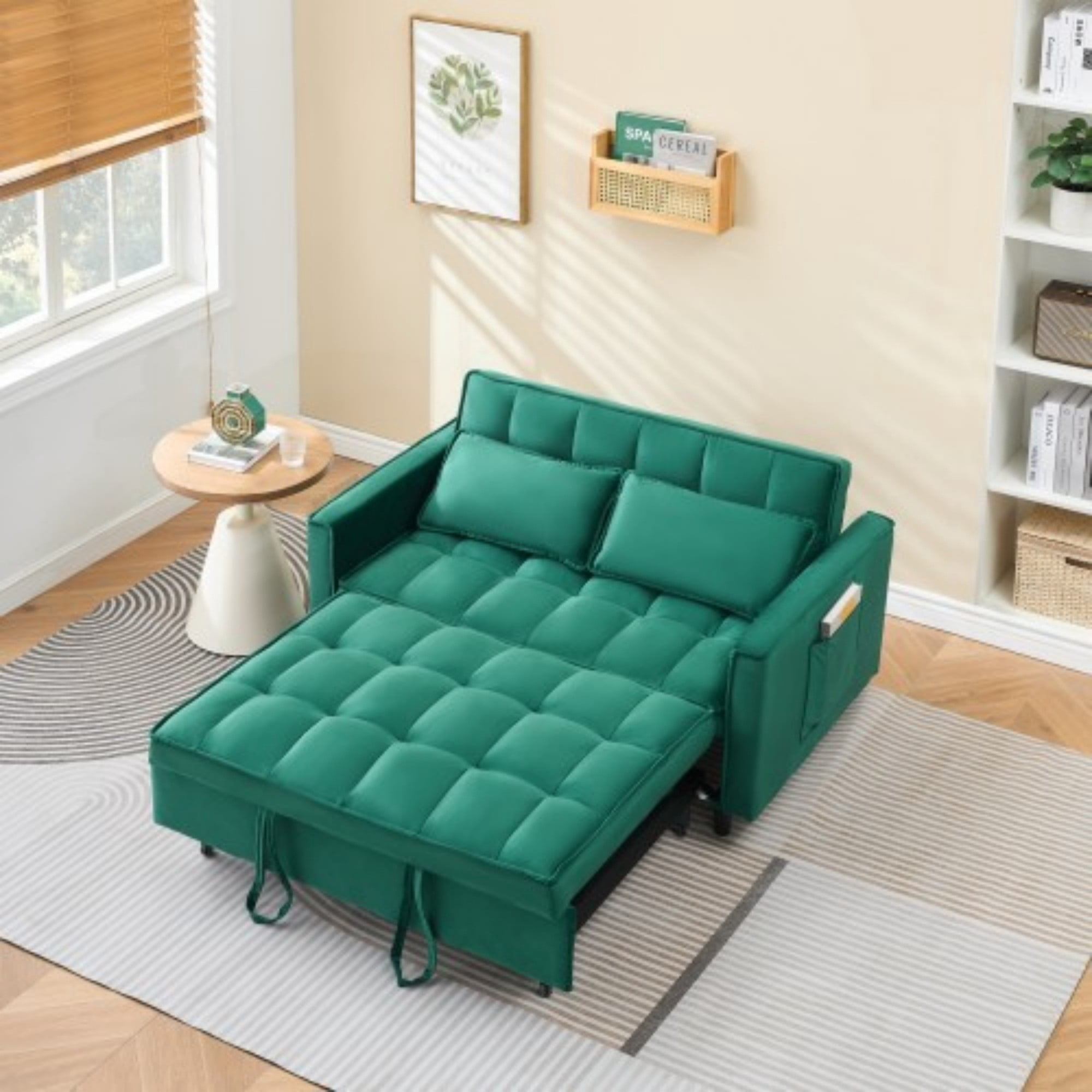 Velvet Loveseat Sofa Bed, 3-in-1 Convertible Sleeper Couch with Pullout Bed & Reclining Backrest, Green
