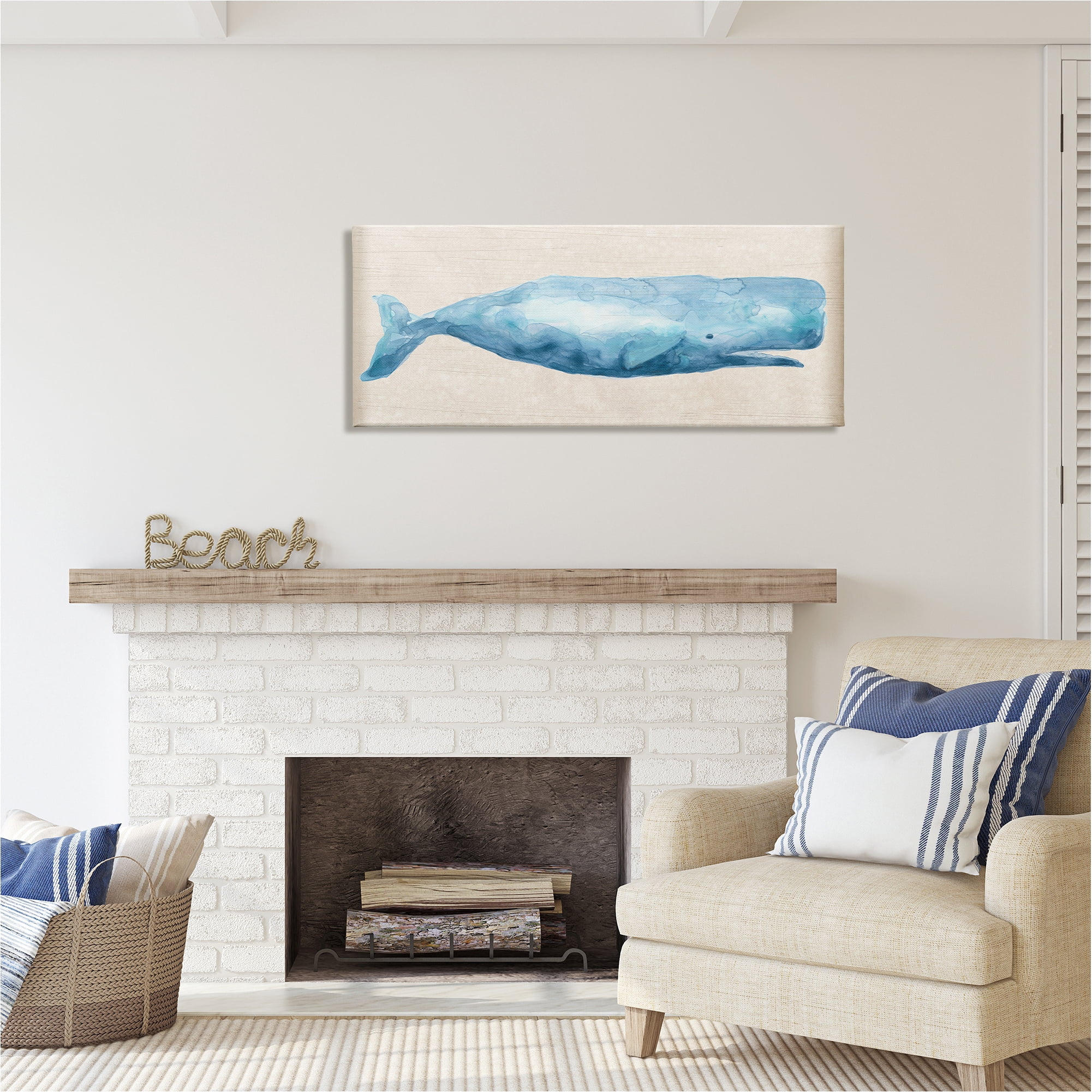 Stupell Industries Rustic Blue Whale Animals & Insects Painting Gallery Wrapped Canvas Art Print Wall Art, 48 x 20