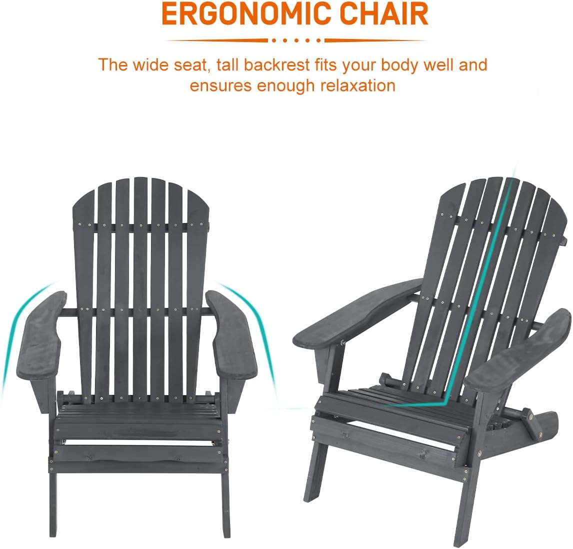 Dkelincs Folding Adirondack Chair Set of 2 Weather Resistant Patio Lawn Chair Wooden Outdoor Chairs for Garden Backyard, Grey