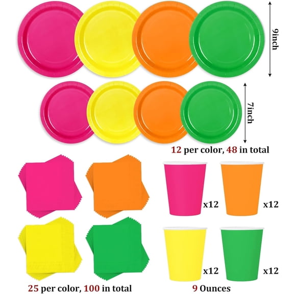 YUYAN-244Pcs Neon Tableware Set Serves 48 Bright Color Disposable Dinnerware 48 9" Plates 48 7" Plate 48 9oz Cups 100 Napkins for Fiesta Neon Glow Party Supplies