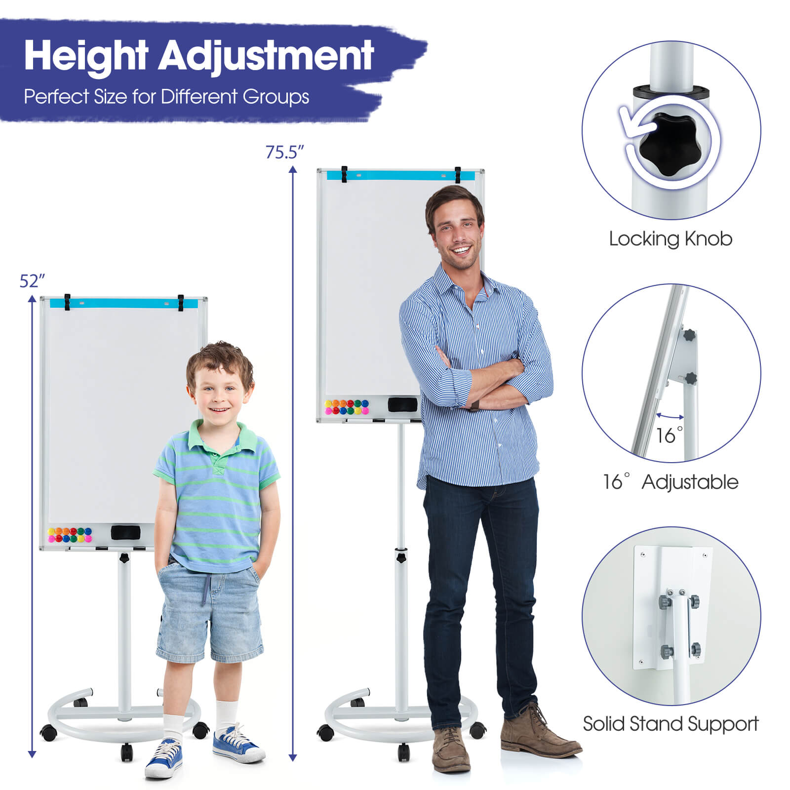Costway Mobile Whiteboard 40" x 26" Height Adjustable Magnetic Dry Erase Board with Stand White