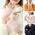 thumbnail image 2 of dianhelloya 1 Pair Women Winter Touch Screen Warm Gloves Half Finger Thickened Plush Outdoor Warm Stretchy Furry Mittens Dark Blue, 2 of 8