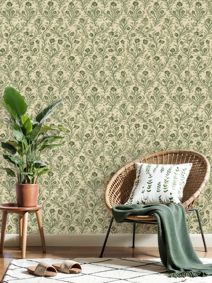 Sage Green Peel and Stick Wallpaper Vintage Floral Green Pink Flowers Beige Wall Mural 17.7in x 9.8ft Self Adhesive Removable Wall Paper Renter Friendly Wallpaper for Girls Bedroom