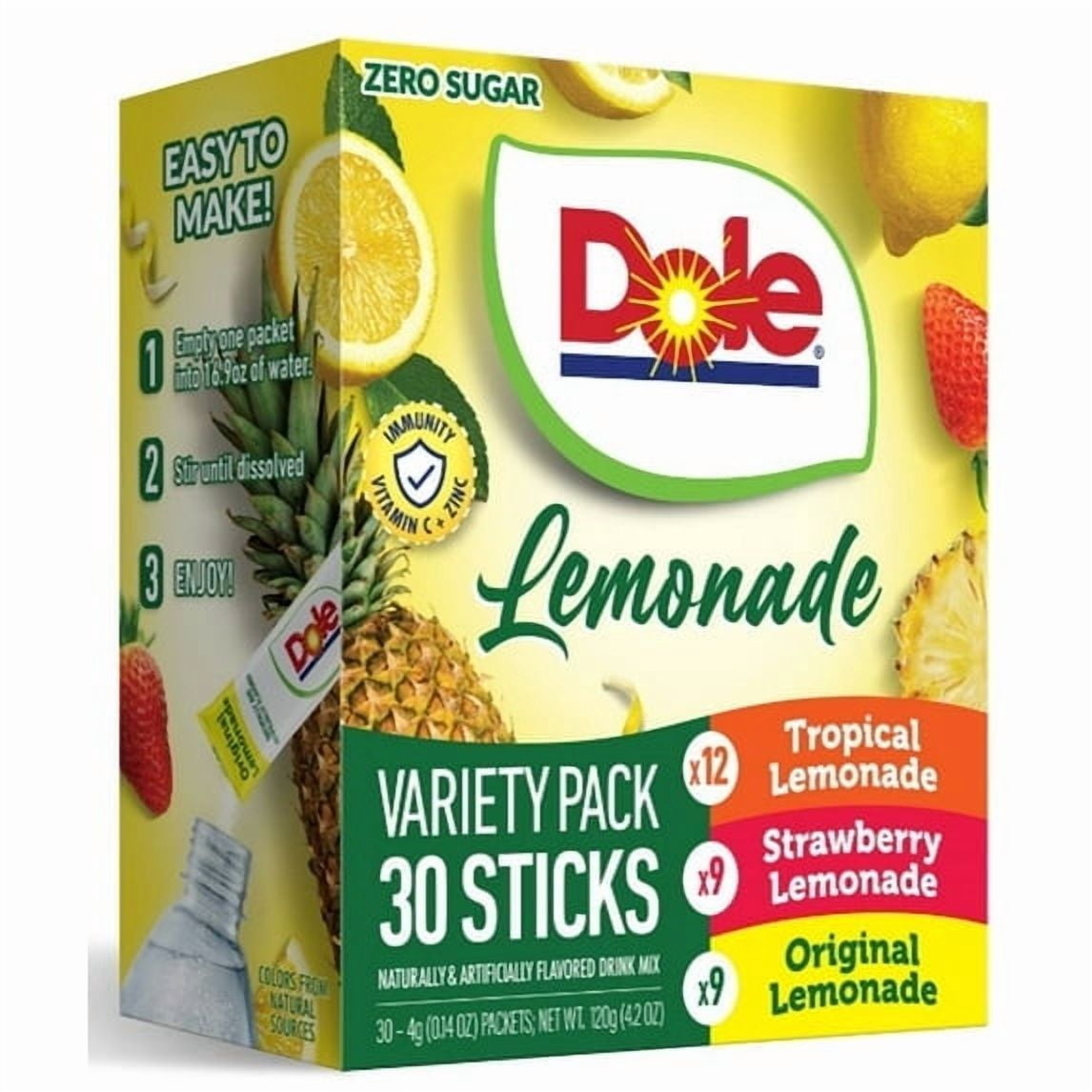 (3 pack) Dole Lemonade Variety Powder Mix, Tropical, Classic, & Strawberry, 30 Pack