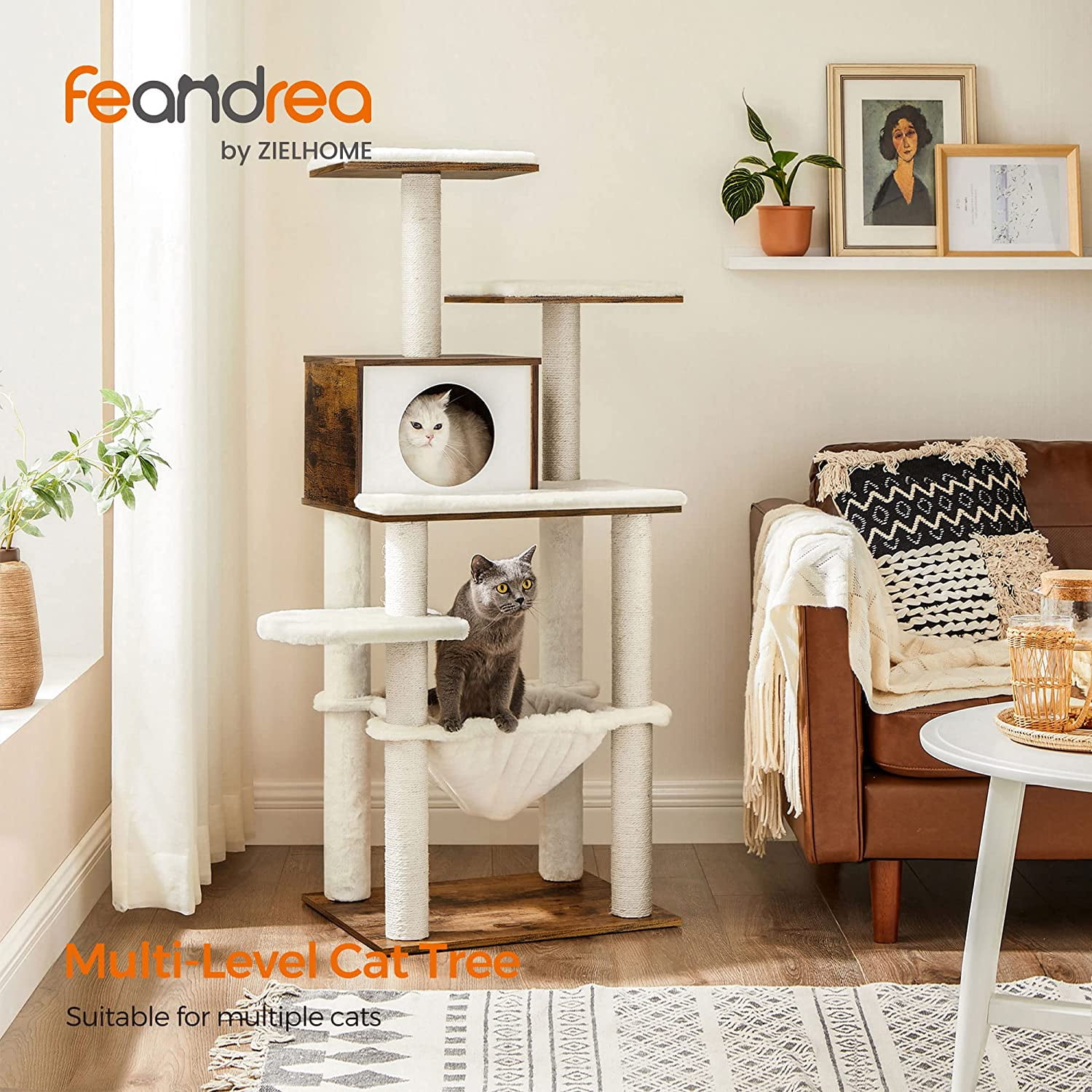 Feandrea Cat Tree, 54.3-Inch Cat Tower with Scratching Posts, Hammock, Cat Cave, Padded Perches, Wooden Cat Condo, Brown