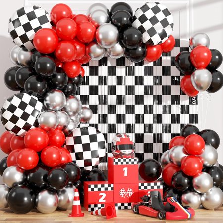 Race Car Balloon Garland Arch Kit Birthday Party Decorations, Black White Checkered Foil Fringe Curtains Backdrop Tinsel Streamer Photo Booth Props Racing One Happy Dude Party Decor Favors Supplies