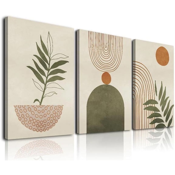 Green Boho Wall Art Set of 3, Framed Canvas Wall Art Green Polygon Tropical Leaves Abstract Geometric Line Artwork, Mid-Century Modern Wall Prints Poster, Nordic Green Boho Wall Decor for
