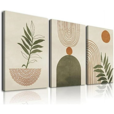 Green Boho Wall Art Set of 3, Framed Canvas Wall Art Green Polygon Tropical Leaves Abstract Geometric Line Artwork, Mid-Century Modern Wall Prints Poster, Nordic Green Boho Wall Decor for