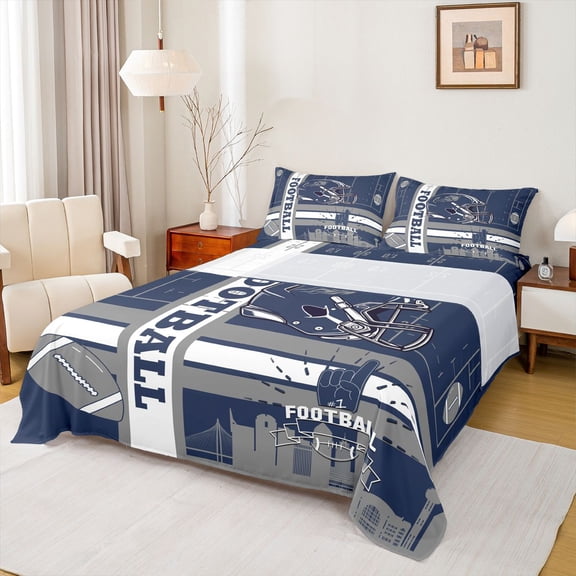 jejeloiu Boys Sport Game Twin Sheet Sets,Rugby Football Gamer Twin Fitted Sheet,Gray Blue Flat Sheet For Boys,Ultra Soft Home Decor,3pcs