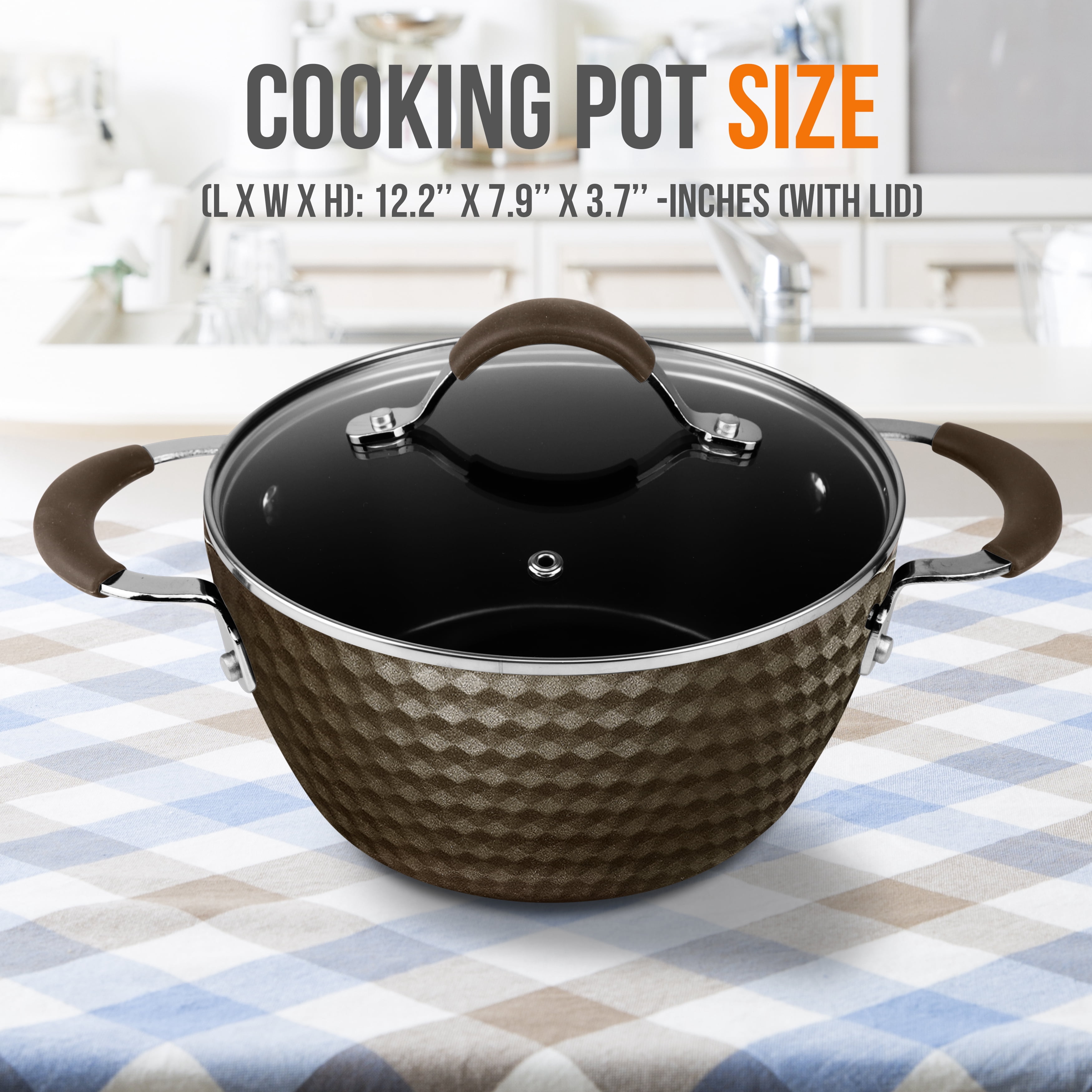NutriChef Durable Non-Stick Cooking Pot - High-Qualified Kitchen Cookware with See-Through Tempered Glass Lids, 2.1 Quarts, Brown