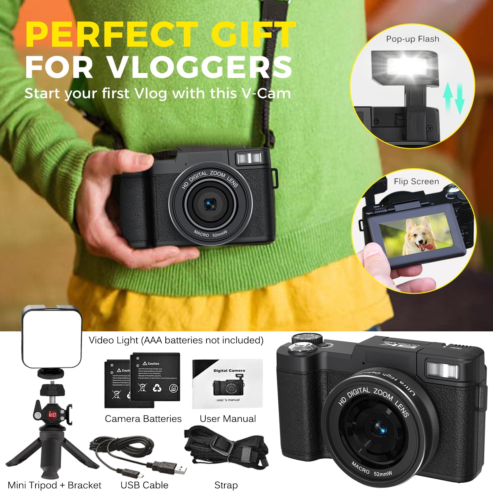 5K Vlogging Camera with WiFi 64MP 4K Digital Camera for Photography Vlog Camera with Flip Screen Video Camera for YouTube with Selfie Light, Mini Tripod, Batteries