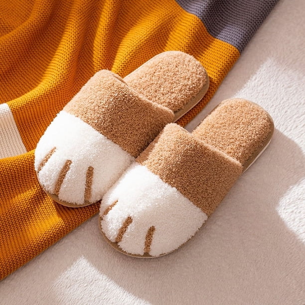 Bonitas pantuflas de felpa con forma de garra de gato de dibujos animados, pantuflas de fondo suave para interiores, pantuflas de algodón para hombres y mujeres