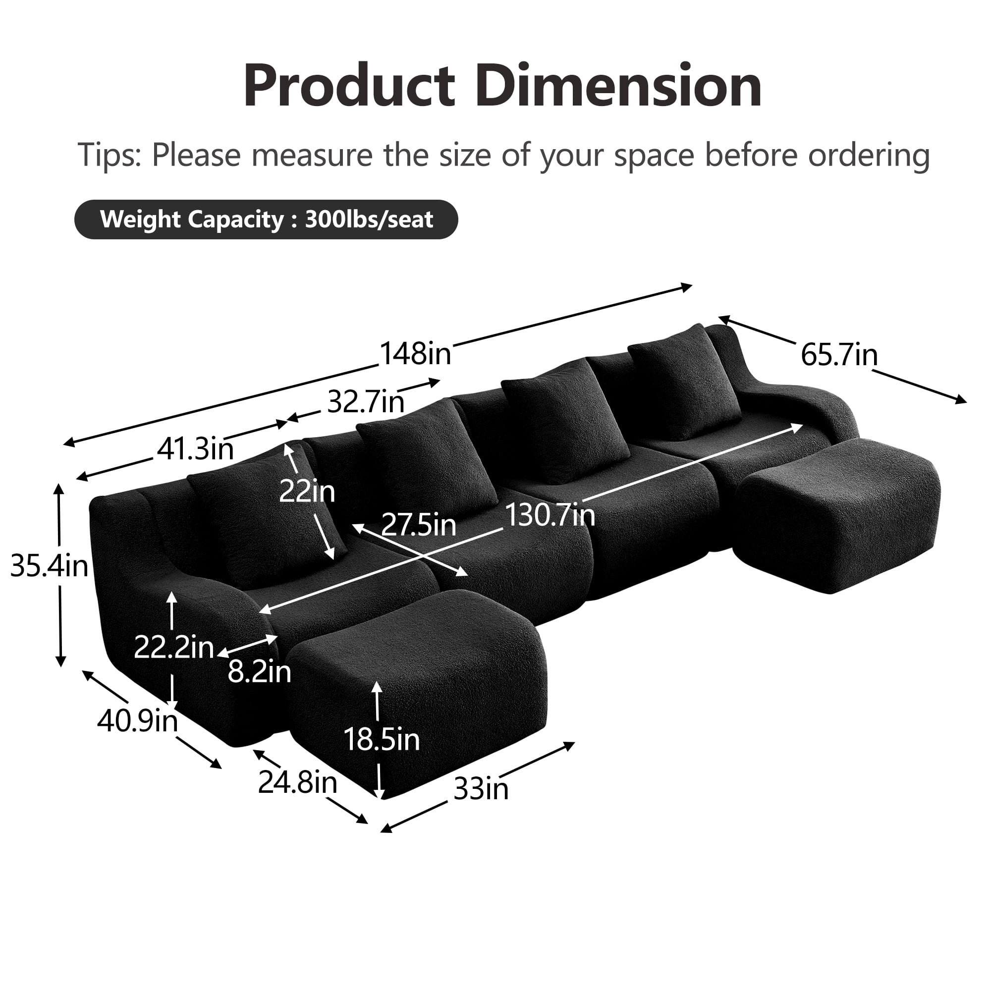 Alvantor Sectional Sofa with Reversible Ottoman U-Shaped 148" W 4-Seater Teddy Boneless Couch Modern Deep Seat Cloud Sofa for Living Room Black
