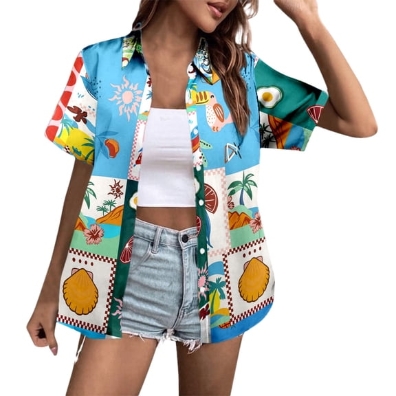 Alun Women's Summer Hawaiian Tops Tropical Plant Printing Short Sleeve Button down Shirts Casual Relaxed Fit Lightweight Breathable Beach Holiday Blouse Outfits 9—Sky Blue XL