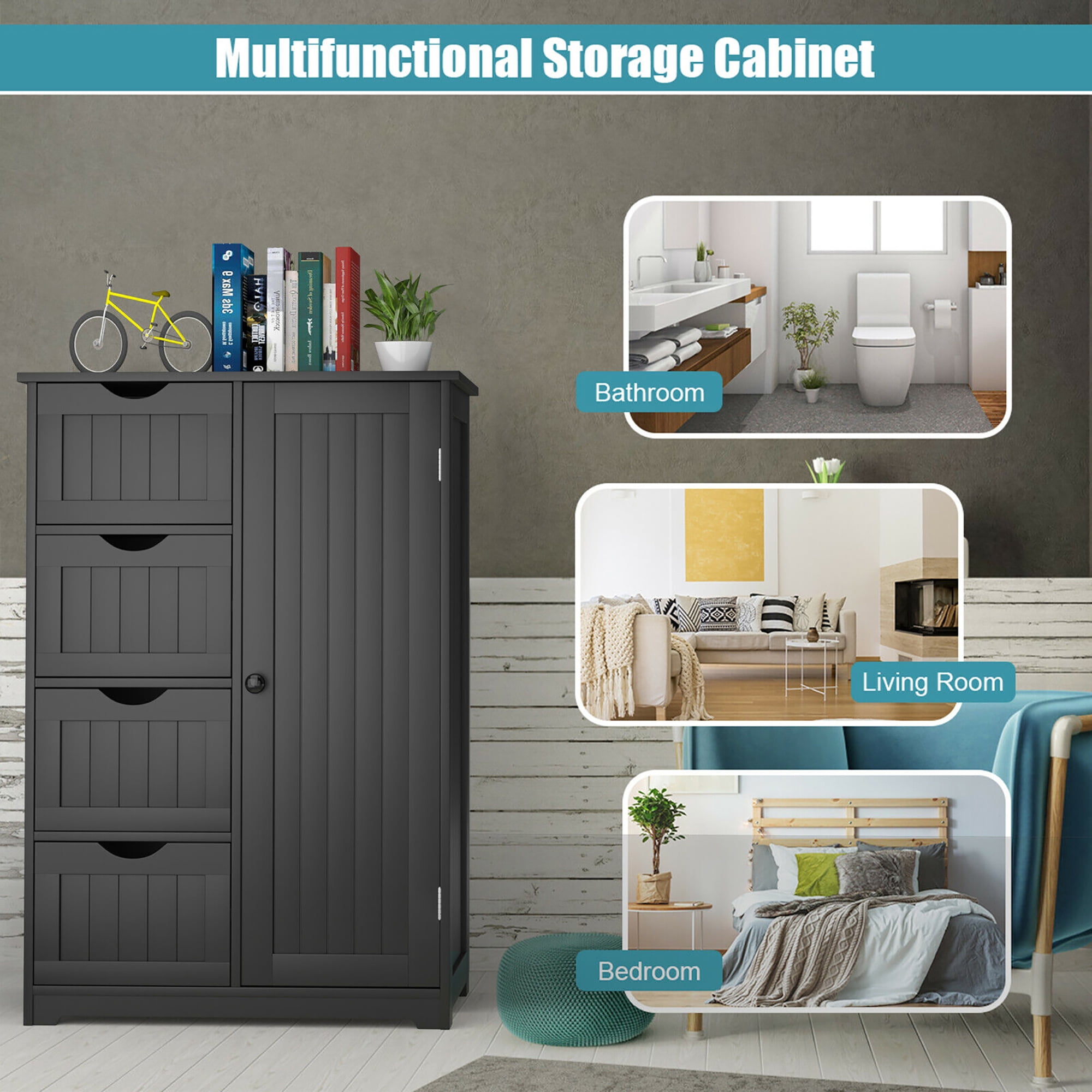 Costway Bathroom Storage Wooden 4 Drawer Cabinet Cupboard 2 Shelves Free Standing Black  (图4) Costway Bathroom Storage Wooden 4 Drawer Cabinet Cupboard 2 Shelves Free Standing Black  (图4)